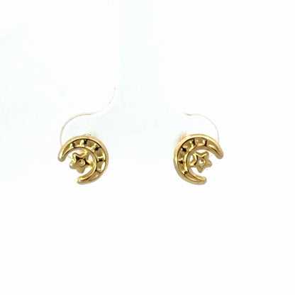 14K Yellow Gold Crecent Moon And Star Screw Back Child's Stud Earrings