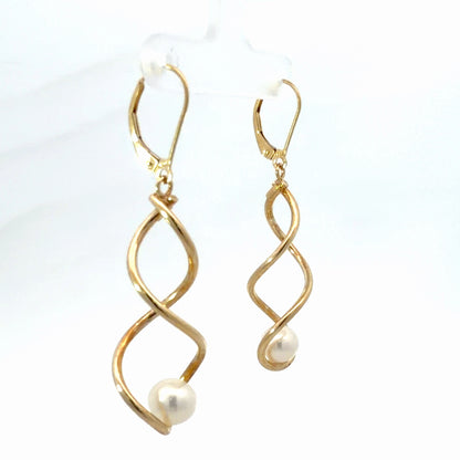 14K Yellow Gold Twist Pearl Drop Earrings with Cultured Freshwater Pearls