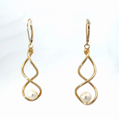 14K Yellow Gold Twist Pearl Drop Earrings with Cultured Freshwater Pearls
