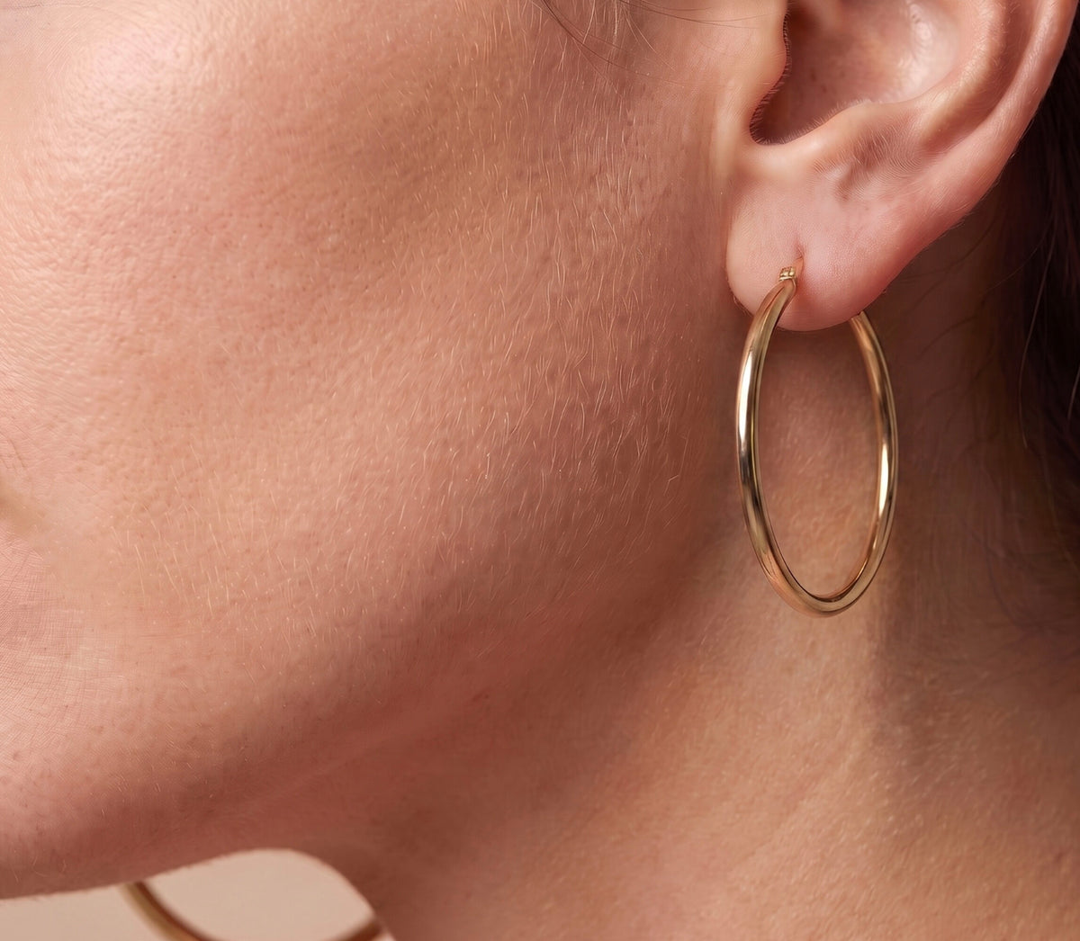 14K Yellow Gold Hoop Earrings, Simple 1 Inch Diameter Dainty Classic Hoops