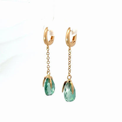 18K Yellow Gold Elegant Faceted Prasiolite Briolette Drop Earrings 7.14 CTW