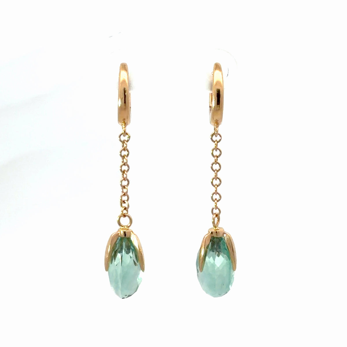 18K Yellow Gold Elegant Faceted Prasiolite Briolette Drop Earrings 7.14 CTW