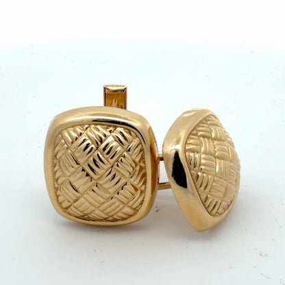 14K Yellow Gold Square Woven Design Cufflinks, Classic Formal Accessory