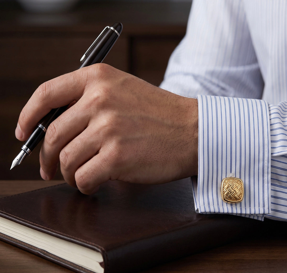 14K Yellow Gold Square Woven Design Cufflinks, Classic Formal Accessory