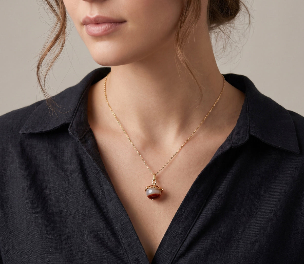 14K Yellow Gold Jasper Pendant / Charm Minimalist Round Bead with Bail