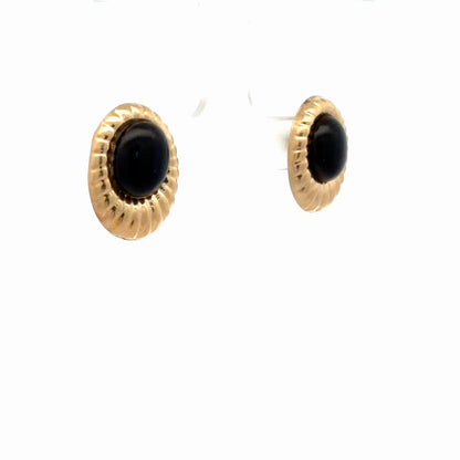 14K Yellow Gold Onyx Stud Earrings, 4.74 CTW Dainty Round Cabochon Bezel