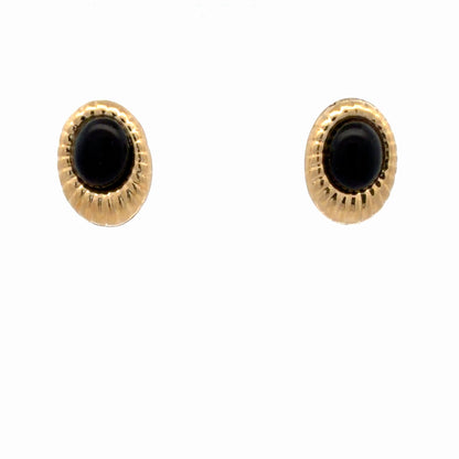 14K Yellow Gold Onyx Stud Earrings, 4.74 CTW Dainty Round Cabochon Bezel