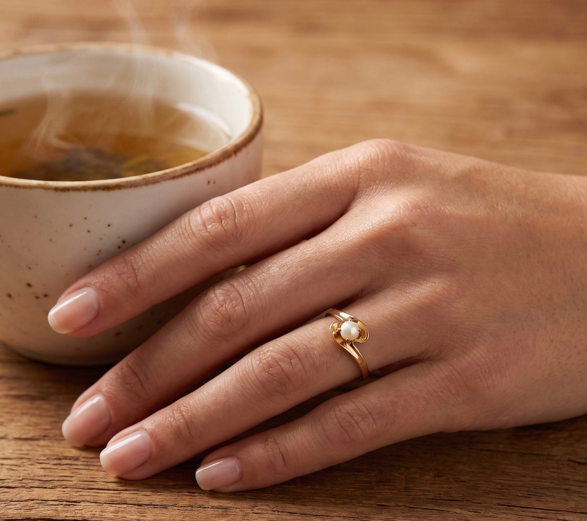 10K Yellow Gold Pearl Ring, Dainty Round Pearl Solitaire, Polished Band