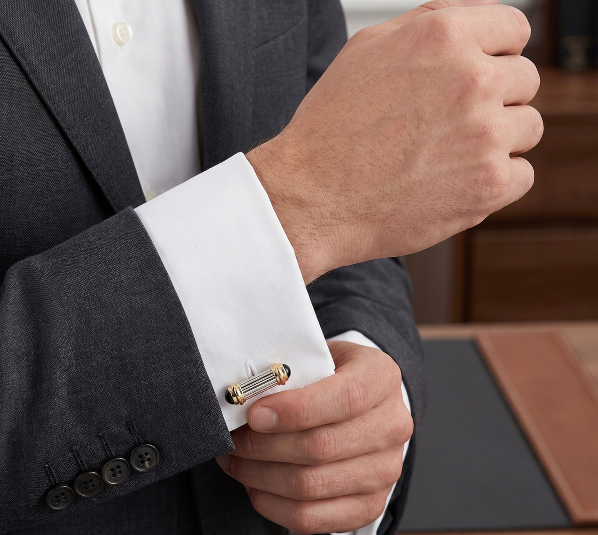 Silver & 14k Yellow Gold Cufflinks with Onyx, Sterling Silver Bezel-Set