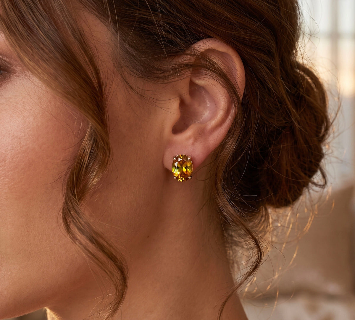 14K Yellow Gold Sphene Stud Earrings, 5.05 CTW Classic Gemstone Jewelry