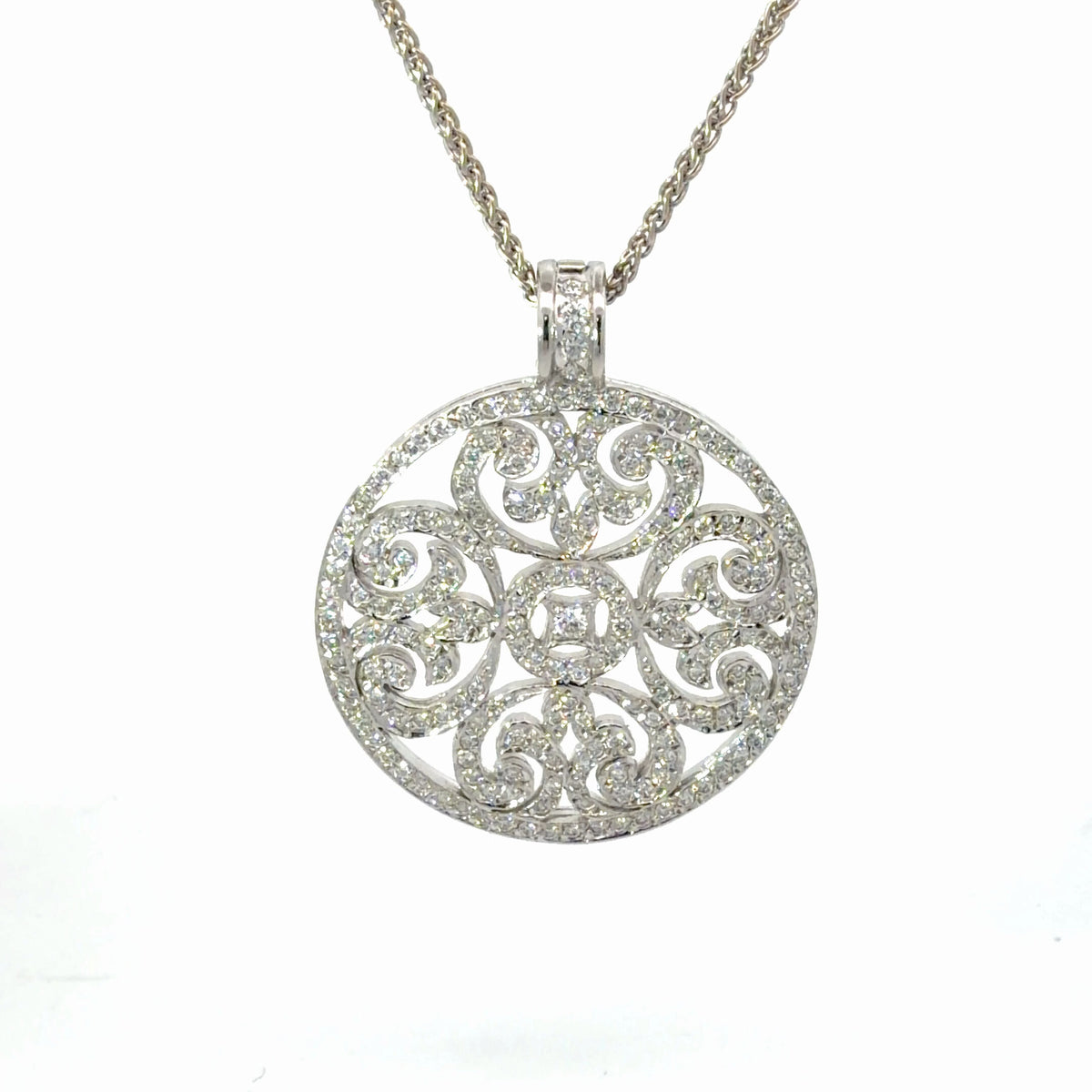 18K White Gold Diamond Pendant Necklace 1.80 CTW Timeless Classic Design