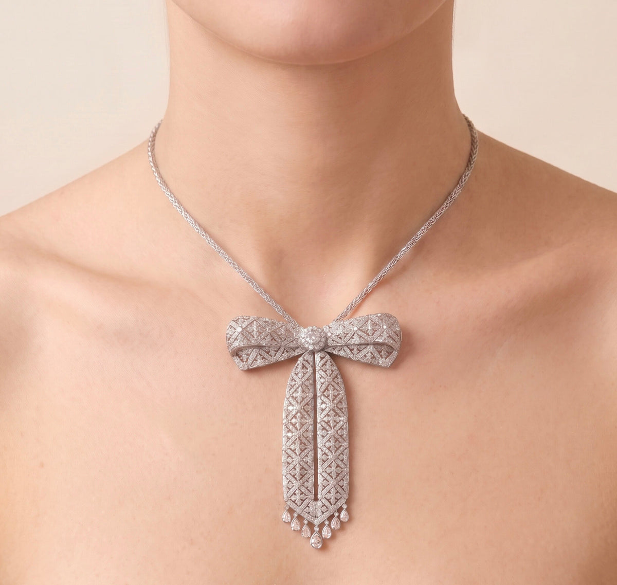 18K White Gold Diamond Bow Pendant-Clip / Brooch, 5.15 CTW, Ribbon Design