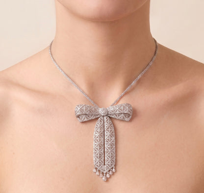18K White Gold Diamond Bow Pendant-Clip / Brooch, 5.15 CTW, Ribbon Design