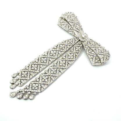 18K White Gold Diamond Bow Pendant-Clip / Brooch, 5.15 CTW, Ribbon Design