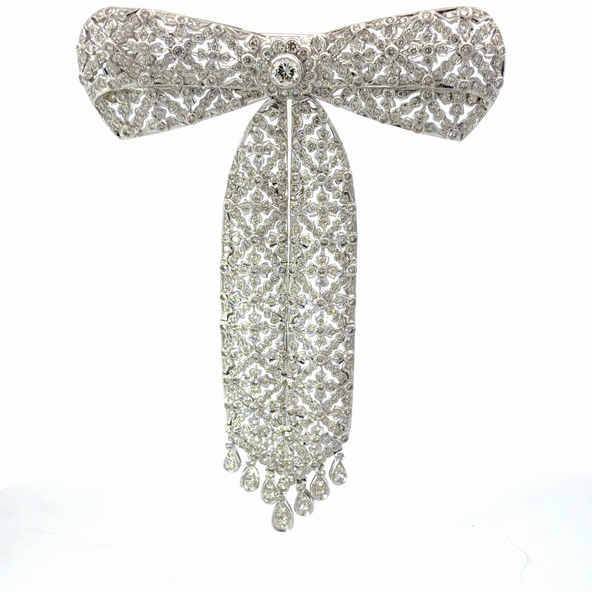 18K White Gold Diamond Bow Pendant-Clip / Brooch, 5.15 CTW, Ribbon Design