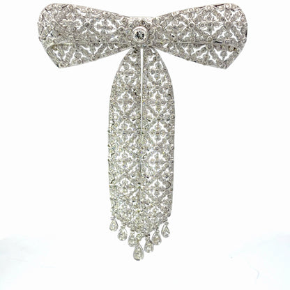 18K White Gold Diamond Bow Pendant-Clip / Brooch, 5.15 CTW, Ribbon Design