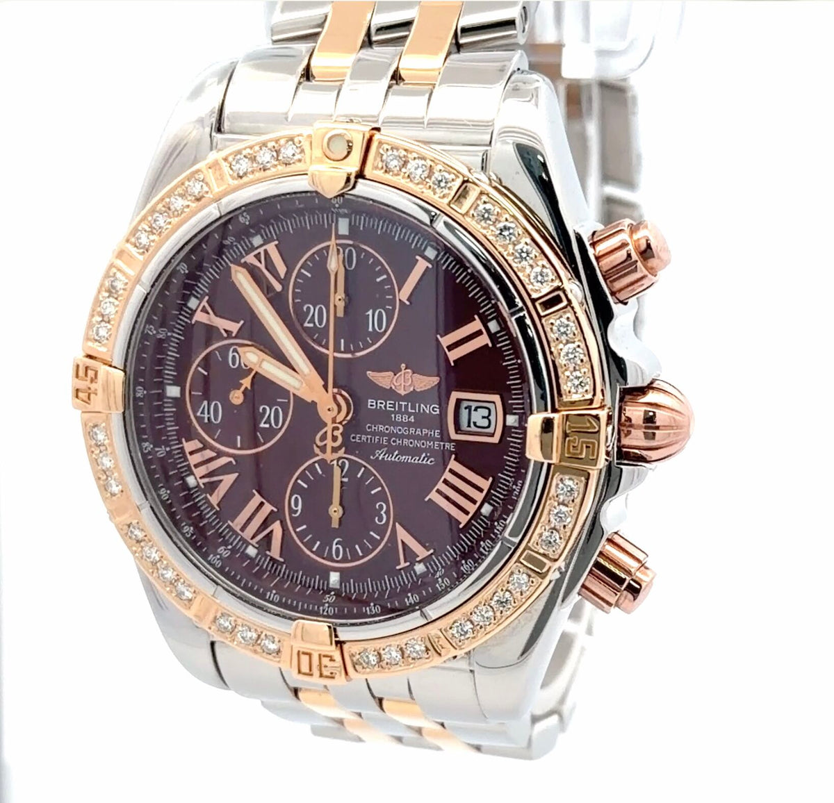 Mens Breitling Chronomat Evolution Chronograph 18K Rose Gold/Steel Diamond Watch