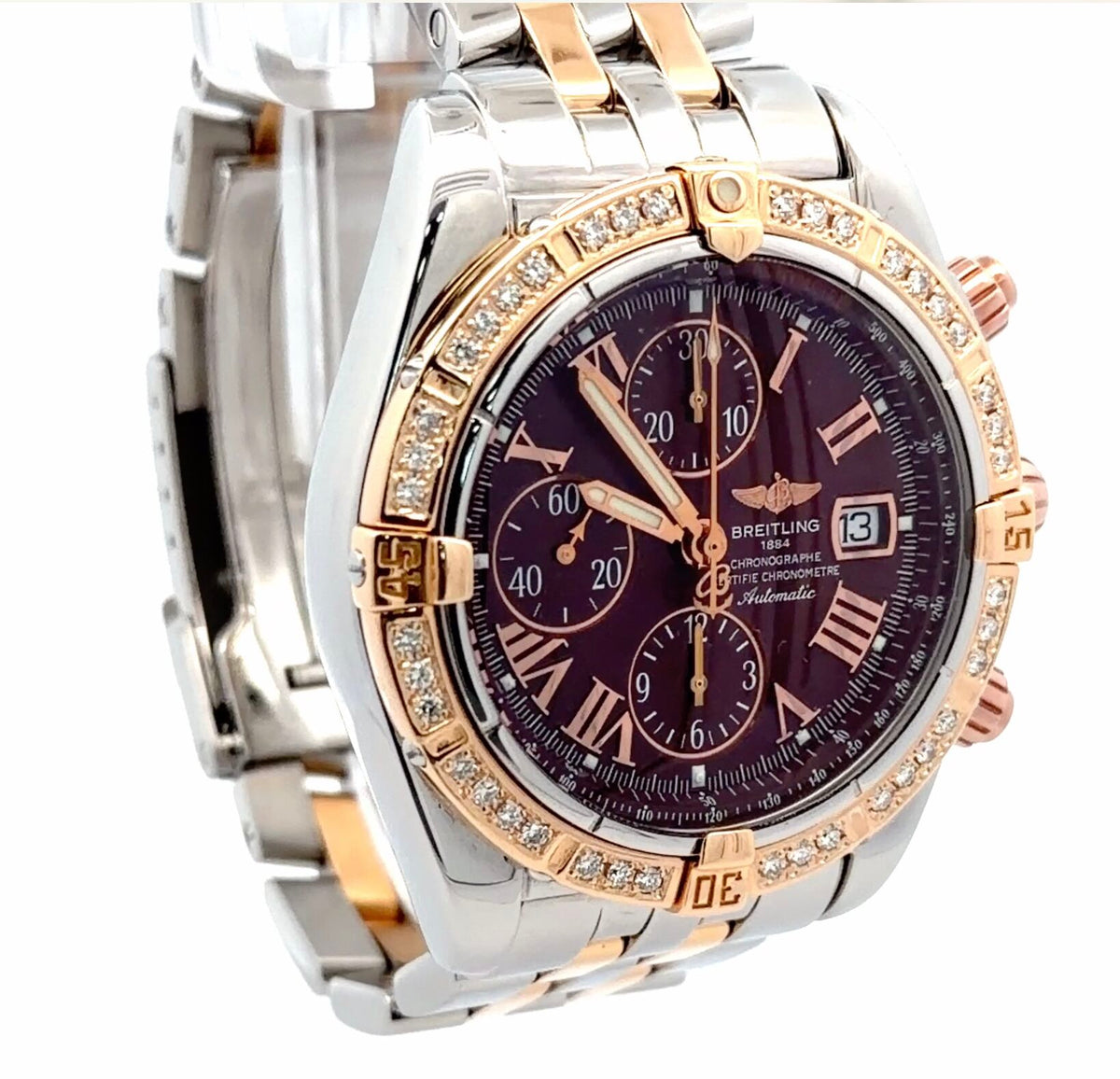 Mens Breitling Chronomat Evolution Chronograph 18K Rose Gold/Steel Diamond Watch