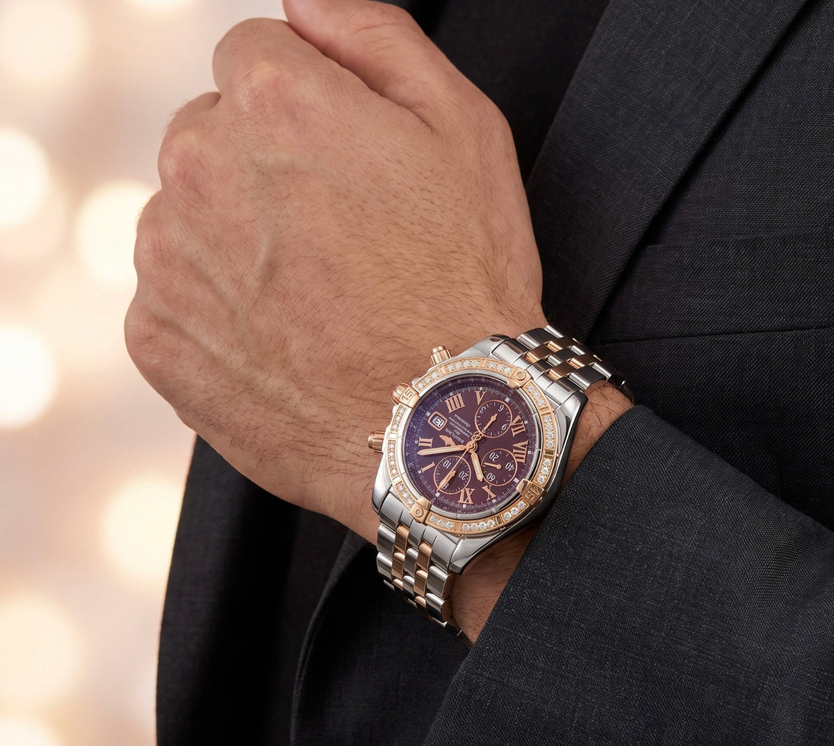 Mens Breitling Chronomat Evolution Chronograph 18K Rose Gold/Steel Diamond Watch