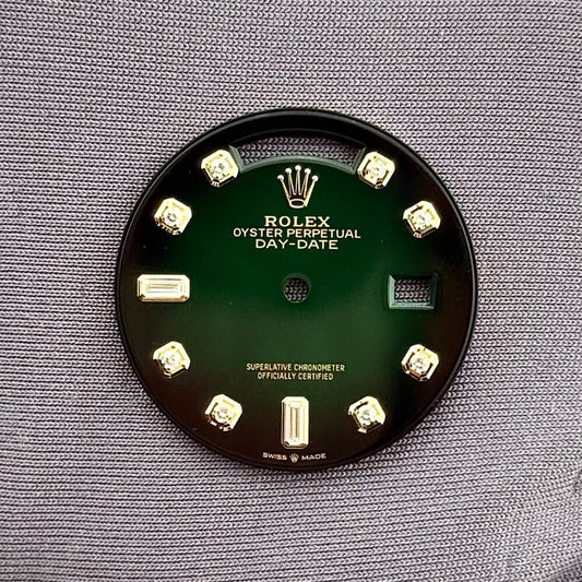 Rolex Day-Date 36Mm Green Vignette Diamond With 2 Baguette 128238 Yellow Gold