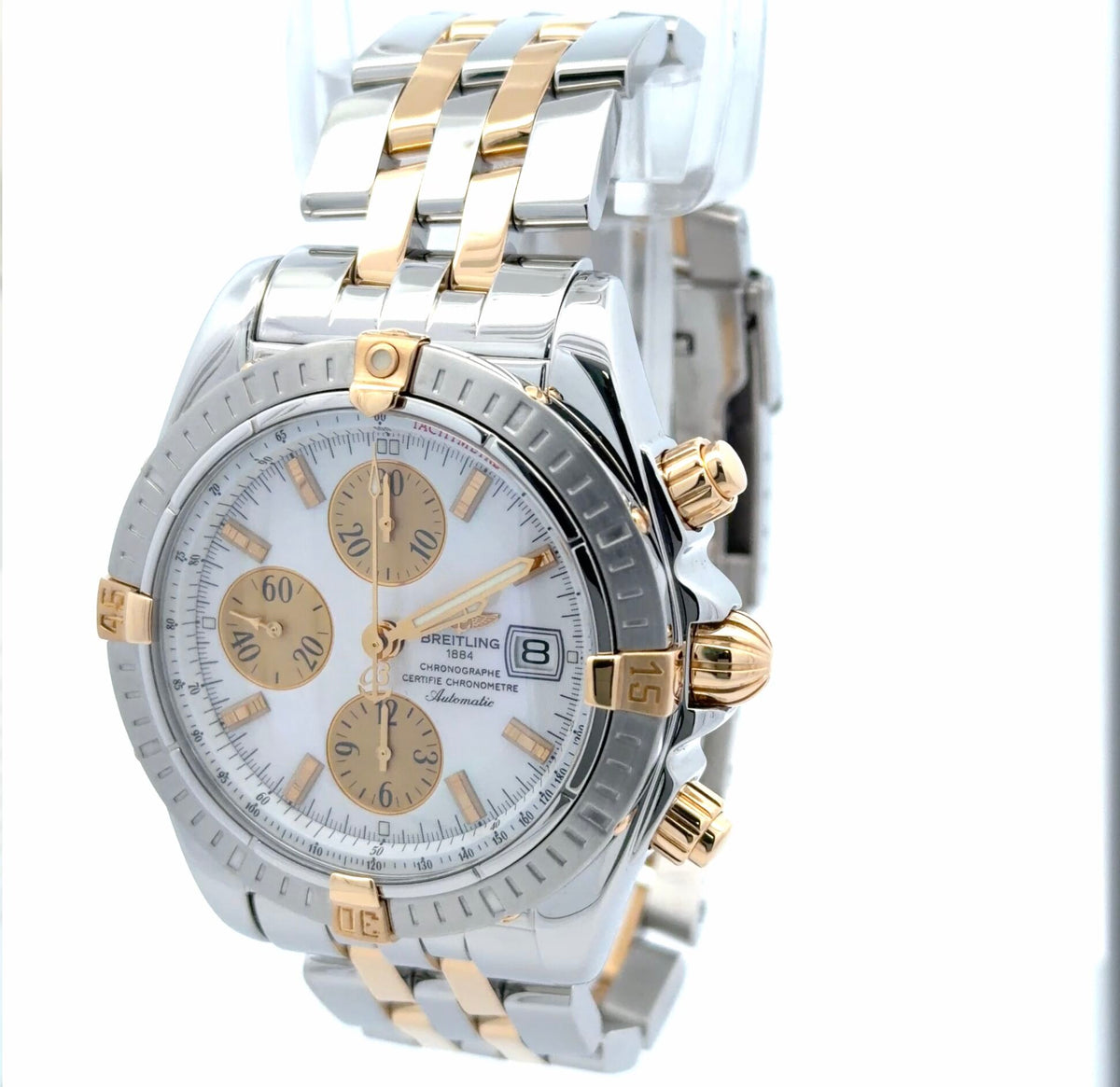 Mens Breitling Chronomat Evolution Chronograph 18K Yellow Gold / Steel Pearl Watch