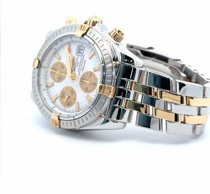 Mens Breitling Chronomat Evolution Chronograph 18K Yellow Gold / Steel Pearl Watch