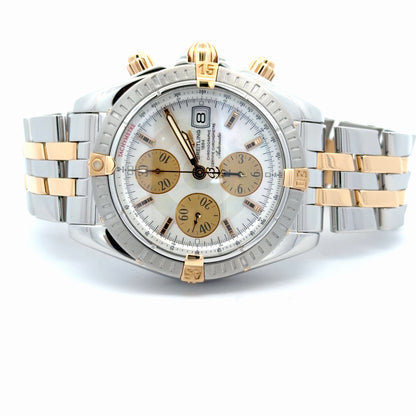 Mens Breitling Chronomat Evolution Chronograph 18K Yellow Gold / Steel Pearl Watch