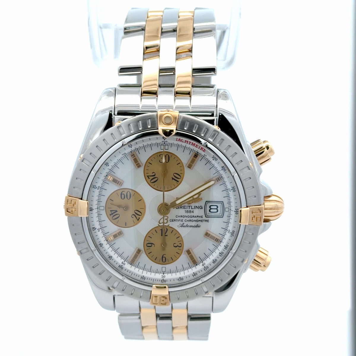 Mens Breitling Chronomat Evolution Chronograph 18K Yellow Gold / Steel Pearl Watch
