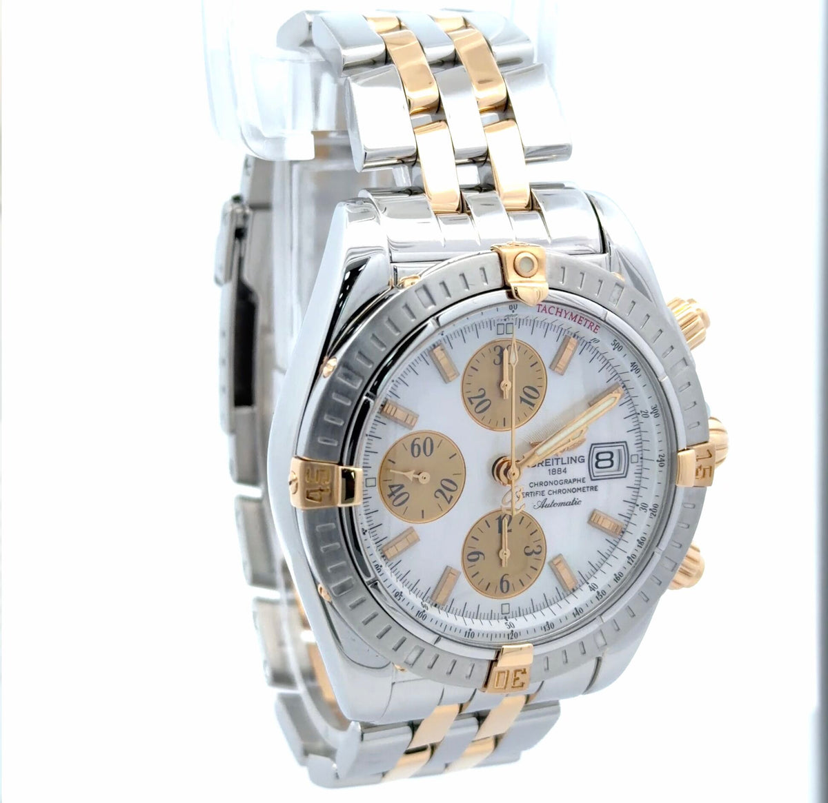 Mens Breitling Chronomat Evolution Chronograph 18K Yellow Gold / Steel Pearl Watch