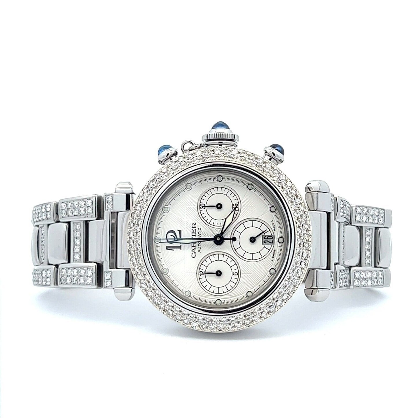 Mens Cartier Pasha Steel Chrono Chronograph Automatic Diamonds