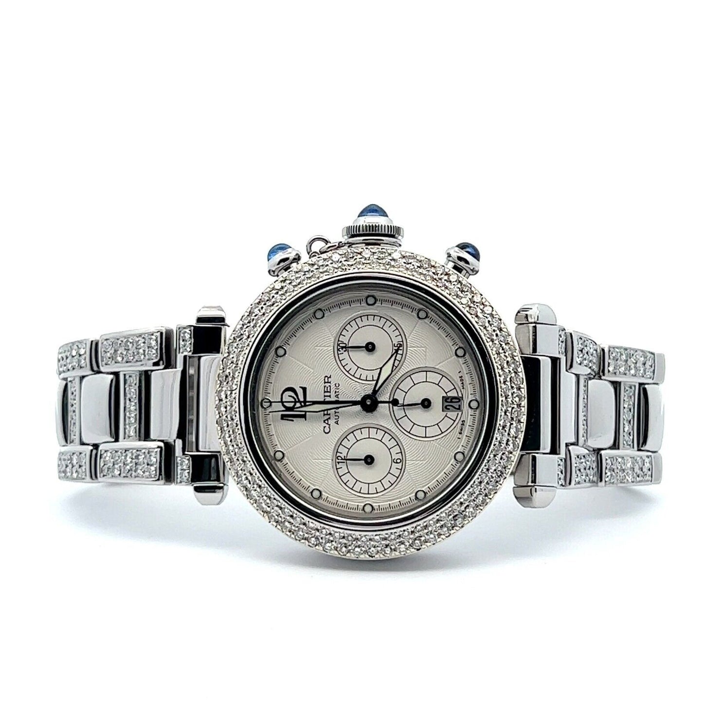 Mens Cartier Pasha Steel Chrono Chronograph Automatic Diamonds