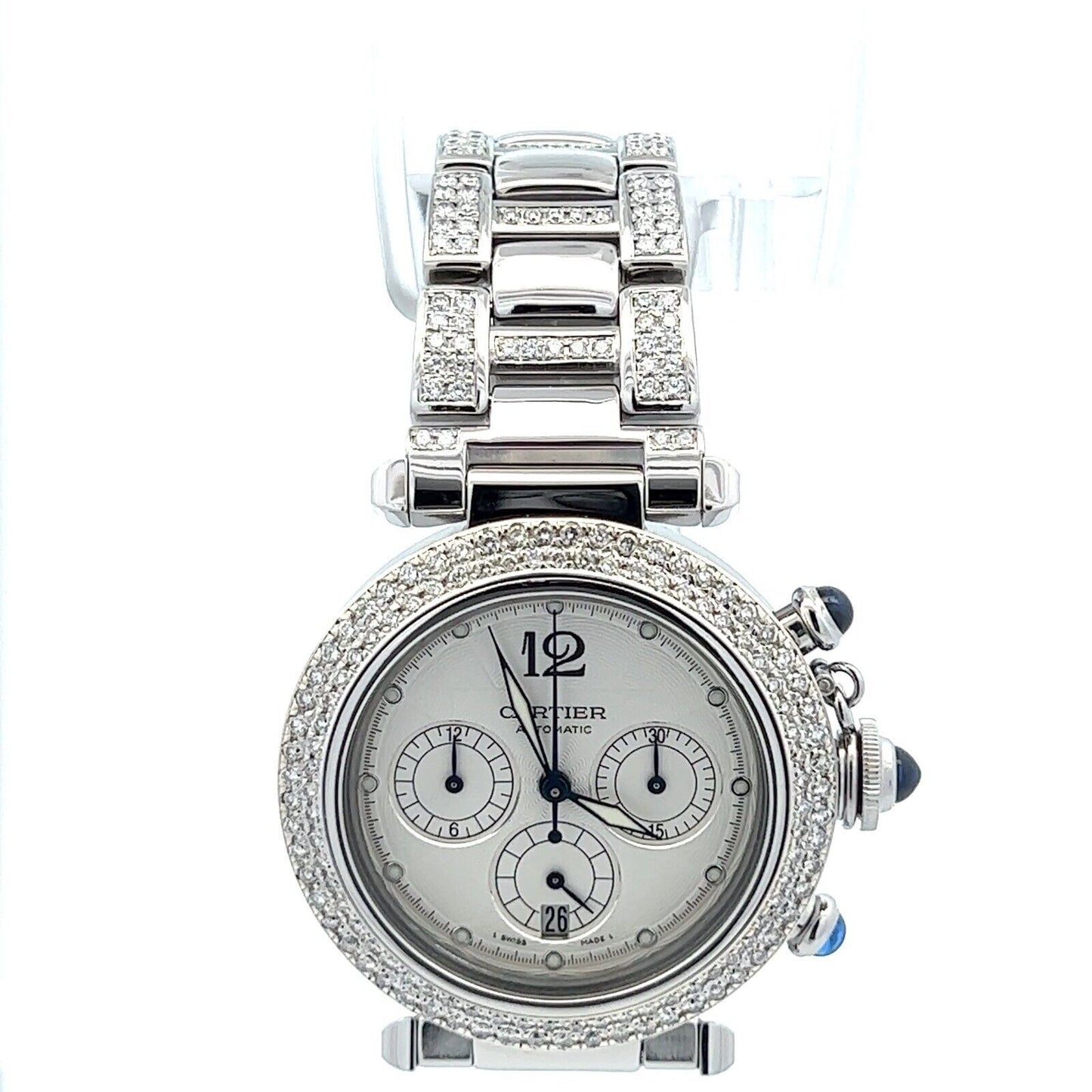 Mens Cartier Pasha Steel Chrono Chronograph Automatic Diamonds