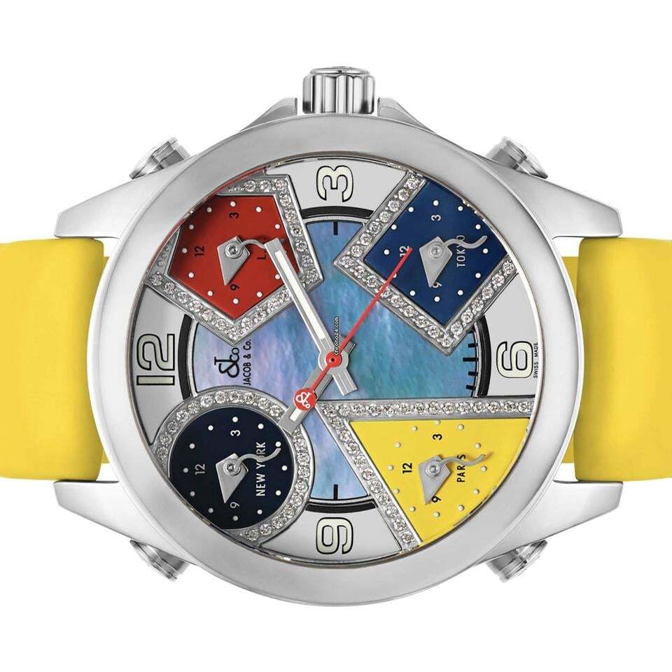 Jacob & Co. Five Time Zone Quartz Men's Watch Steel Case With Leather Strap Authentic Luxury Timepiece