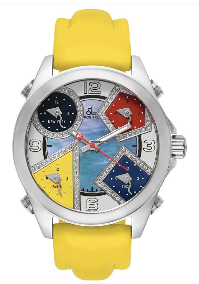 Jacob & Co. Five Time Zone Quartz Men's Watch Steel Case With Leather Strap Authentic Luxury Timepiece