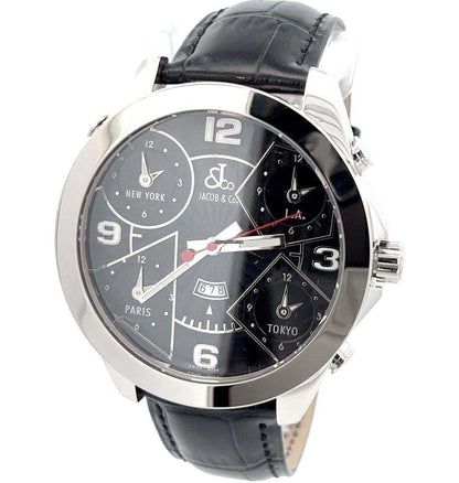 Jacob & Co. Five Time Zone Quartz Men's Watch Steel Case With Leather Strap Authentic Luxury Timepiece