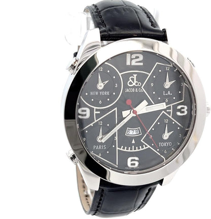 Jacob & Co. Five Time Zone Quartz Men's Watch Steel Case With Leather Strap Authentic Luxury Timepiece