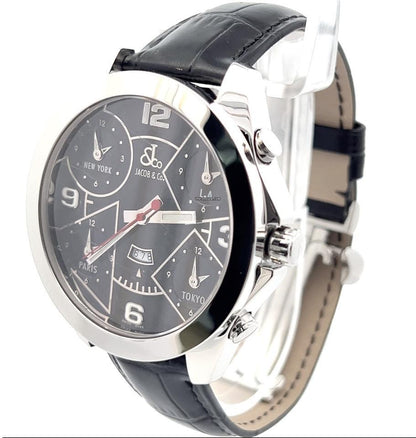 Jacob & Co. Five Time Zone Quartz Men's Watch Steel Case With Leather Strap Authentic Luxury Timepiece