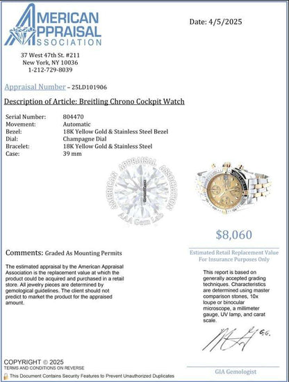 Breitling Chrono Cockpit Automatic Men's Watch Gold/Steel Case With Gold/Steel Strap Authentic Luxury Timepiece