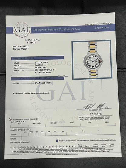 Cartier Ballon Bleu 28mm Quartz Women's Watch Gold/Steel Case With Gold/Steel Strap Authentic Luxury Timepiece