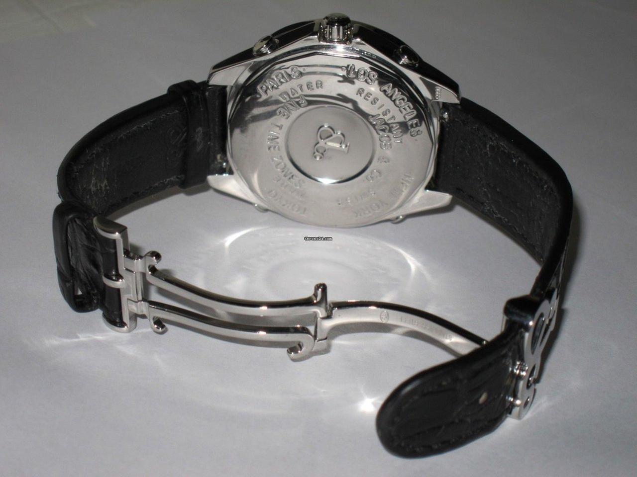 Jacob & Co. Five Time Zone Quartz Men's Watch Steel Case With Leather Strap Authentic Luxury Timepiece