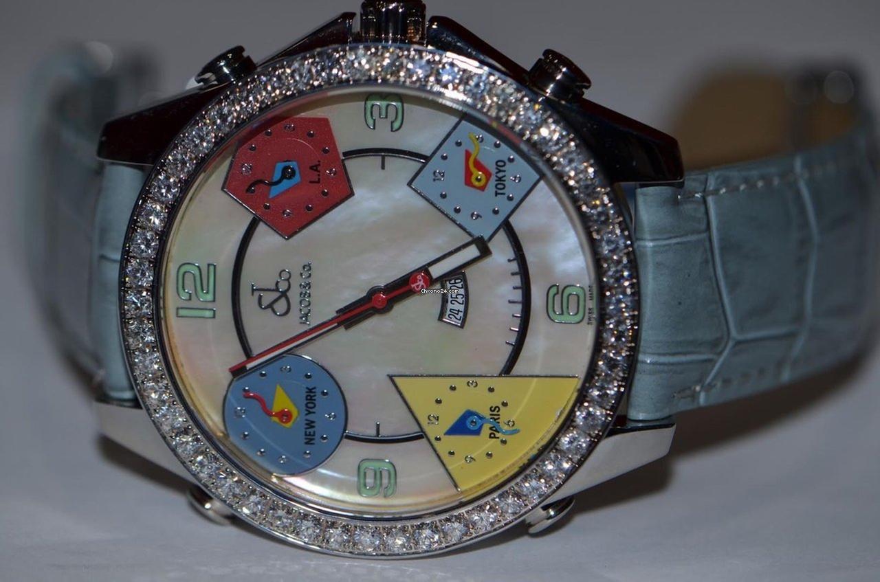 Jacob & Co. Five Time Zone Quartz Men's Watch Steel Case With Leather Strap Authentic Luxury Timepiece