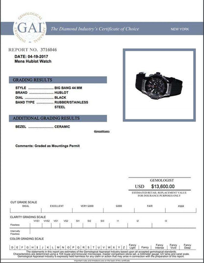 Hublot Big Bang 44 mm Automatic Men's Watch Steel Case With Rubber Strap Authentic Luxury Timepiece