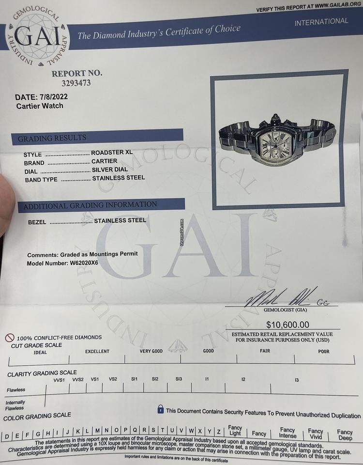 Cartier Roadster Automatic Men's Watch With Steel Case and Strap Authentic Luxury Timepiece