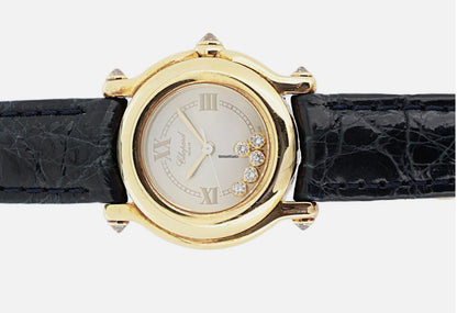 Chopard Happy Sport Quartz Women's Watch Yellow Gold Case With Leather Strap Authentic Luxury Timepiece