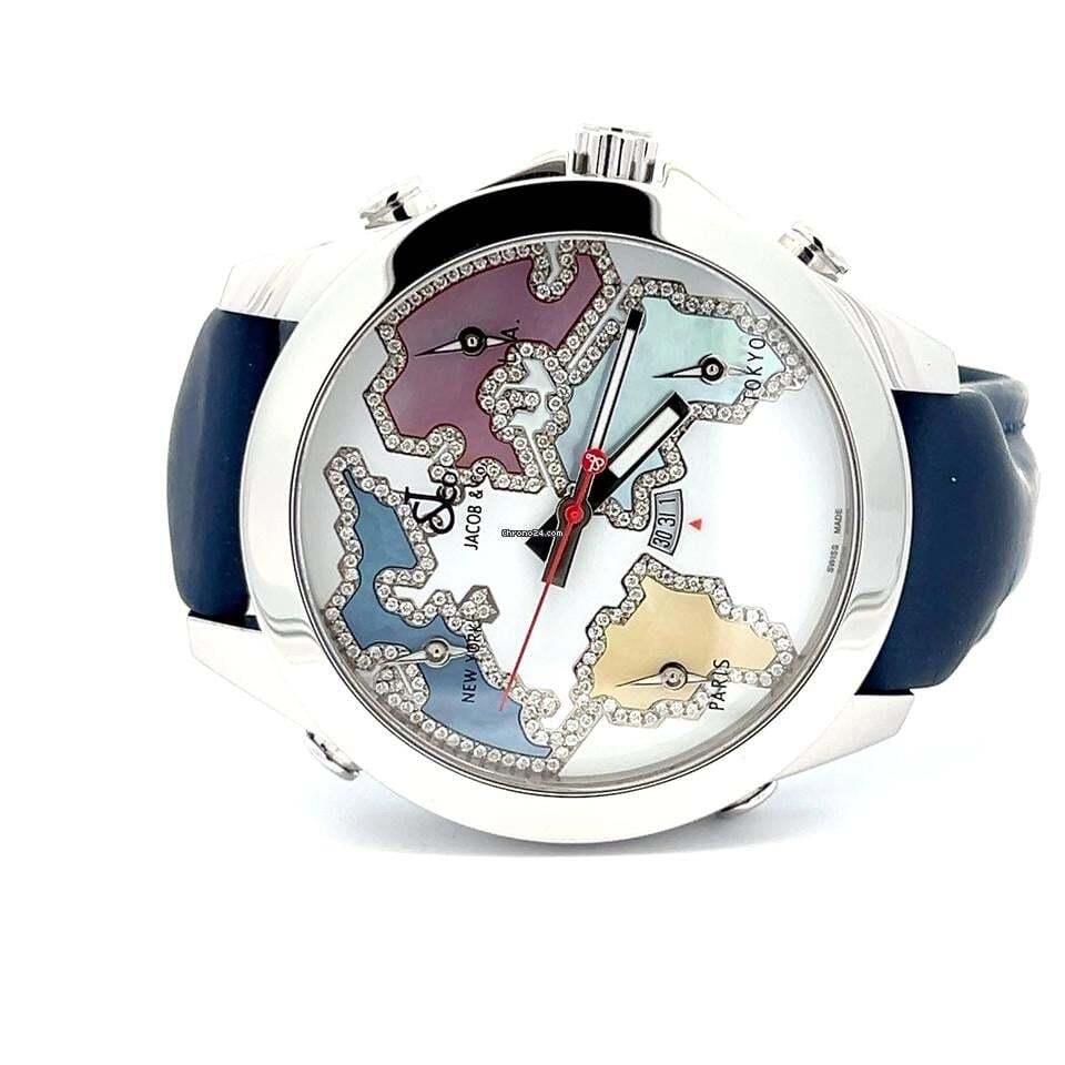 Jacob & Co. Five Time Zone Quartz Men's Watch Steel Case With Leather Strap Authentic Luxury Timepiece