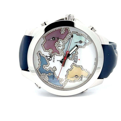 Jacob & Co. Five Time Zone Quartz Men's Watch Steel Case With Leather Strap Authentic Luxury Timepiece