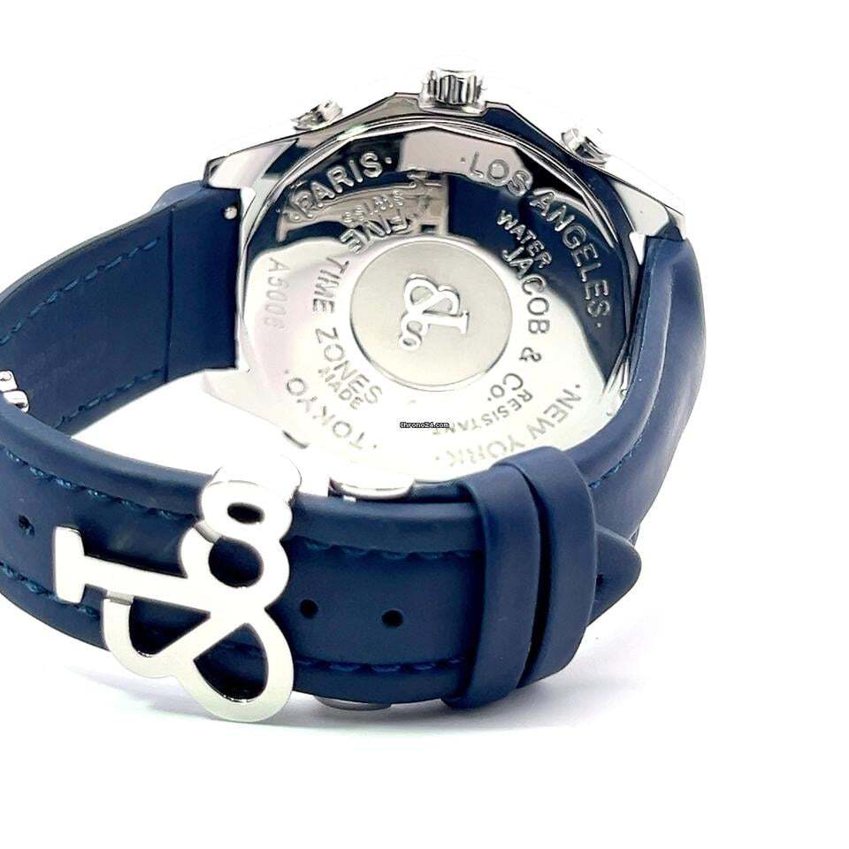 Jacob & Co. Five Time Zone Quartz Men's Watch Steel Case With Leather Strap Authentic Luxury Timepiece