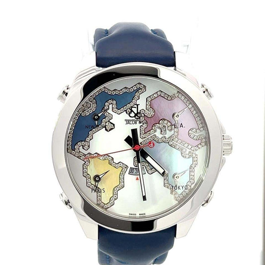 Jacob & Co. Five Time Zone Quartz Men's Watch Steel Case With Leather Strap Authentic Luxury Timepiece