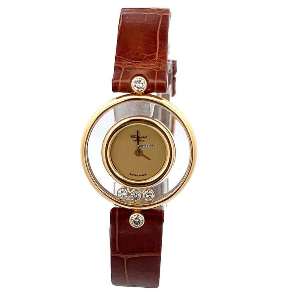 Chopard Happy Diamonds Quartz Women's Watch Yellow Gold Case With Leather Strap Authentic Luxury Timepiece