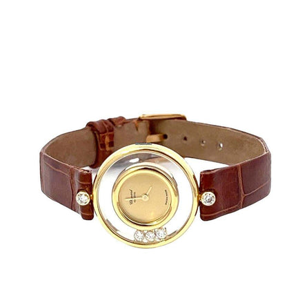 Chopard Happy Diamonds Quartz Women's Watch Yellow Gold Case With Leather Strap Authentic Luxury Timepiece